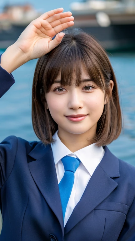 Highest quality, masterpiece, Realistic, RAW Photos, High resolution, Intricate details,Very detailed, Japanese Beauty, Attractive eyes, Straight hair, Bright smile, Asymmetrical bangs, Light brown hair, Bob Hair, (Navy blue double blazer), (White collared shirt with navy blue tie), (Navy blue tight skirt), Black pumps, Raise your right hand high in salute, firm and youthful breasts, background, harbor, blue sea, cinematic lighting, 8k, full body