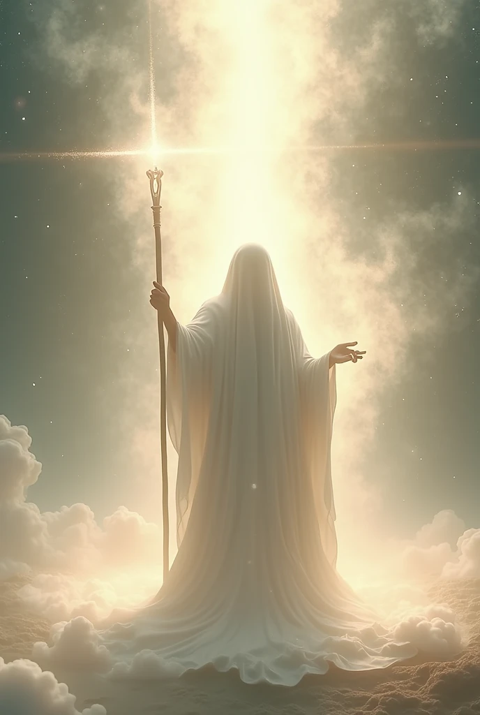 (highly realistic) (work of art) (4k image quality) (hyper detailed) (beautiful perfect face)(fot)(Approximate image)(肌肉男)(sensuous)
"Create an ethereal, luminous scene set in the fifth dimension, featuring a wise fractal being that radiates light. The being is wrapped in a fluid white cloak that covers its entire body, symbolizing purity and wisdom. In your hands, he holds a shining staff, symbol of ancient knowledge and power. The background is filled with soft, luminous fractal patterns that evoke a sense of harmony and enlightenment.. The atmosphere must be serene, with a warm and welcoming light that conveys a message of peace, spiritual ascension and elevation."
