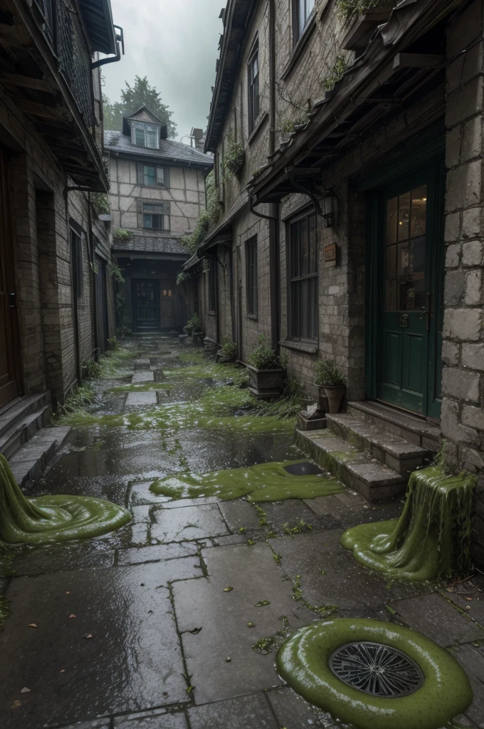 A highly detailed and realistic photo of a full house exterior with a dirty sidewalk covered in repulsive green slime, cinematic lighting, 8k, best quality, photorealistic, detailed texture, complex background, intricate architectural details, mossy stones, grungy surfaces, dramatic shadows, moody atmosphere