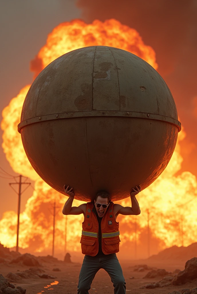 Skinny and wearing goggles20A man about the age、Laughing in madness、wearing an orange vest、He is holding a nuclear bomb called the Tsar Bomba, which is bigger than him, in both hands and preparing to throw it.、The sea of fire all around