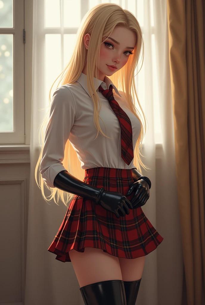 beautifull 18 year old blonde schoolgirl, in her uniform with shirt tie and tartan minikilt tucked in the shirt. She has long latex gloves and long leather heel boots. Shes touching her skirt. Cuerpo entero.