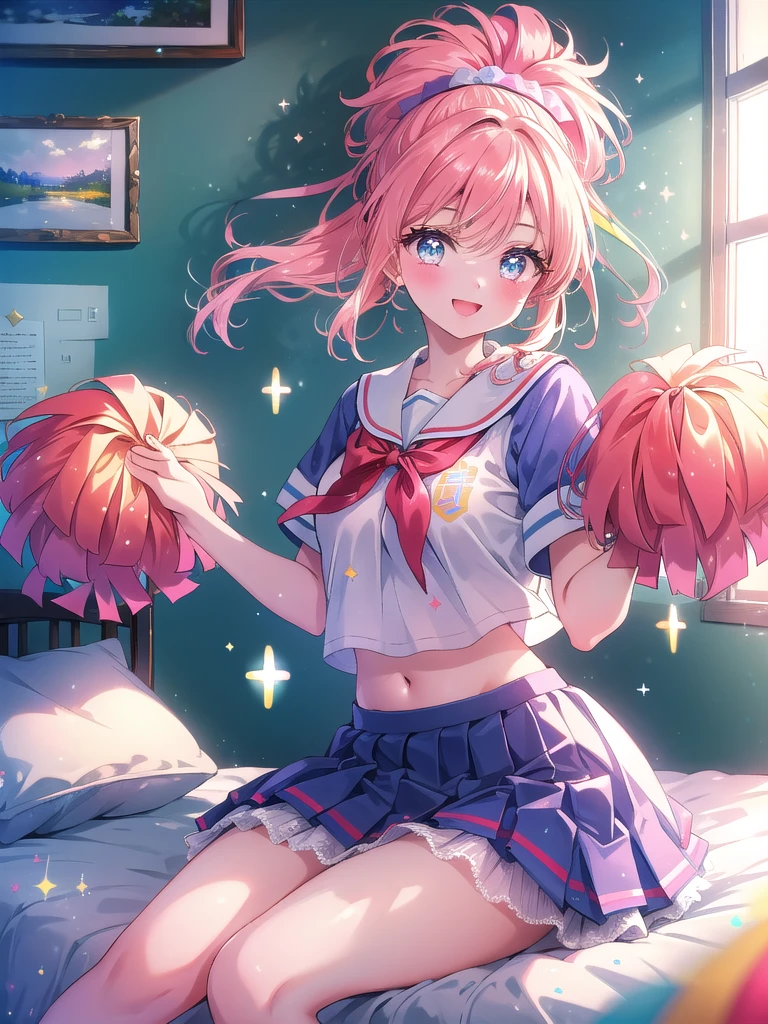 ((8k, Highest quality, masterpiece: 1.3)),Ultra-high resolution,(1 girl, alone), (Color changing eyes, Ultra-detailed, Expressive brilliance, Glitter, Glowing Eyes), Highly detailed eyes, Highly detailed face, Random Hair, ((pastel colour)),A joyful young woman with pastel peach-colored hair styled into a high ponytail, sitting cross-legged on her bed in her sunlit bedroom during a late morning. She is dressed in a sweet yet subtly sexy retro cheerleader cosplay, wearing a pleated skirt, a cropped top with a large letter on the chest, and matching pom-poms in her hands. The camera captures her from a slightly low angle as she cheers with a bright smile, her expression full of enthusiasm and spirit. The room is filled with natural light, with a small pennant flag on the wall, a few colorful cushions, and an energetic, school-spirited atmosphere.