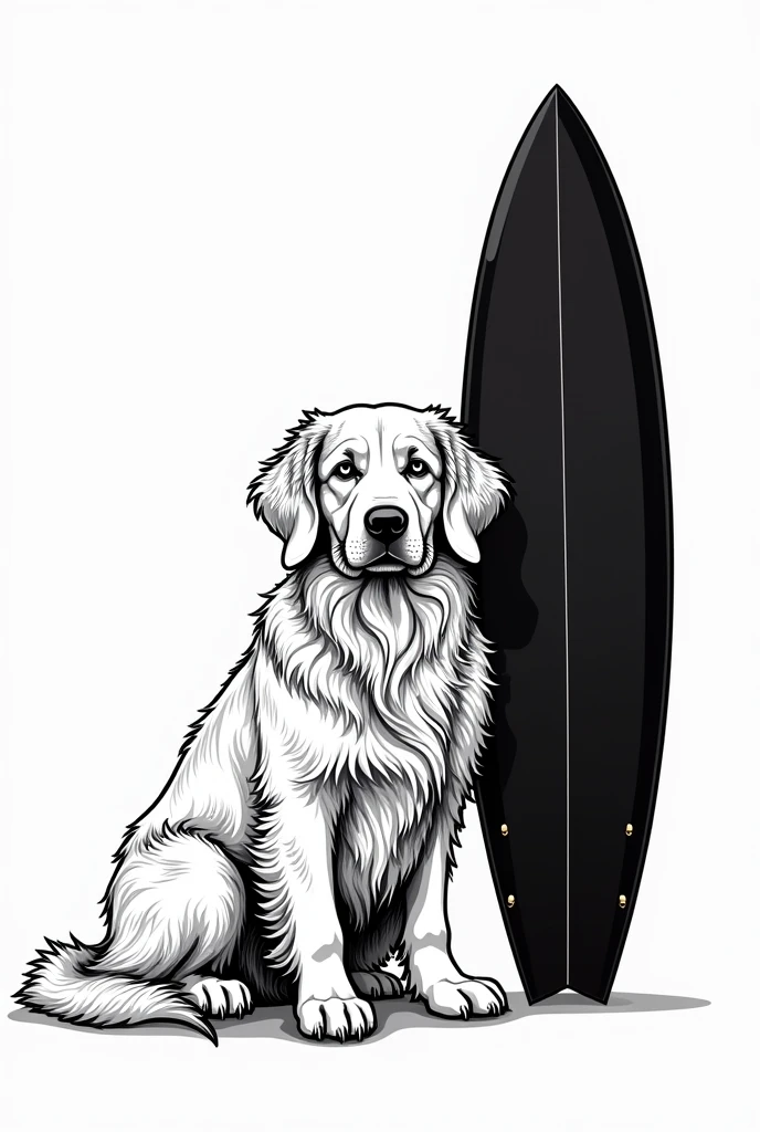 A very hairy golden retriever, sitting next to a black surfboard in black and white vector