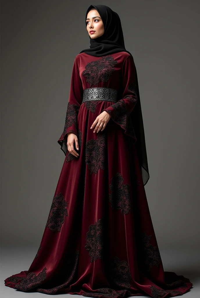 a dark maroon coloured gown with velvety black flowers in it, with a black shiny hijab and a black silver coloured belt with black velvety shoes 
