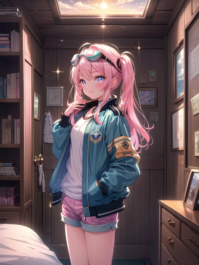 ((8k, Highest quality, masterpiece: 1.3)),Ultra-high resolution,(1 girl, alone), (Color changing eyes, Ultra-detailed, Expressive brilliance, Glitter, Glowing Eyes), Highly detailed eyes, Highly detailed face, Random Hair, ((pastel colour)),A beaming young woman with pastel pink hair styled into twin tails, standing by her closet in her softly lit bedroom during the late afternoon. She is dressed in a modest yet subtly sexy vintage pilot cosplay, wearing a fitted bomber jacket, high-waisted shorts, and aviator goggles resting on her head. The camera captures her from a frontal angle as she adjusts the goggles with a confident smile, her expression full of adventure and excitement. The room is warmly lit by the setting sun, with a small model airplane on a shelf, a vintage map on the wall, and a nostalgic, adventurous atmosphere.