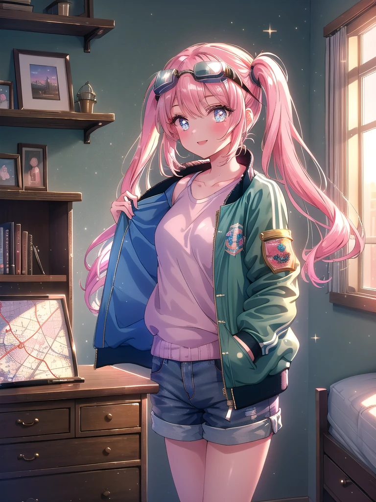 ((8k, Highest quality, masterpiece: 1.3)),Ultra-high resolution,(1 girl, alone), (Color changing eyes, Ultra-detailed, Expressive brilliance, Glitter, Glowing Eyes), Highly detailed eyes, Highly detailed face, Random Hair, ((pastel colour)),A beaming young woman with pastel pink hair styled into twin tails, standing by her closet in her softly lit bedroom during the late afternoon. She is dressed in a modest yet subtly sexy vintage pilot cosplay, wearing a fitted bomber jacket, high-waisted shorts, and aviator goggles resting on her head. The camera captures her from a frontal angle as she adjusts the goggles with a confident smile, her expression full of adventure and excitement. The room is warmly lit by the setting sun, with a small model airplane on a shelf, a vintage map on the wall, and a nostalgic, adventurous atmosphere.
