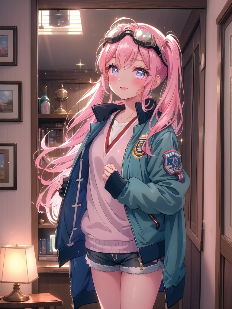 ((8k, Highest quality, masterpiece: 1.3)),Ultra-high resolution,(1 girl, alone), (Color changing eyes, Ultra-detailed, Expressive brilliance, Glitter, Glowing Eyes), Highly detailed eyes, Highly detailed face, Random Hair, ((pastel colour)),A beaming young woman with pastel pink hair styled into twin tails, standing by her closet in her softly lit bedroom during the late afternoon. She is dressed in a modest yet subtly sexy vintage pilot cosplay, wearing a fitted bomber jacket, high-waisted shorts, and aviator goggles resting on her head. The camera captures her from a frontal angle as she adjusts the goggles with a confident smile, her expression full of adventure and excitement. The room is warmly lit by the setting sun, with a small model airplane on a shelf, a vintage map on the wall, and a nostalgic, adventurous atmosphere.
