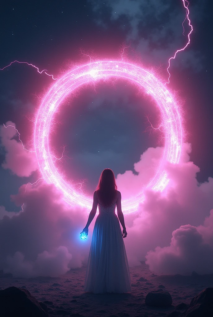 Nuit noir avec un portail surnaturel rond et rose avec des eclairs de magie et de la fumé et une femme de dos qui tien un colier bleu dans sa main dans un lieu sombre