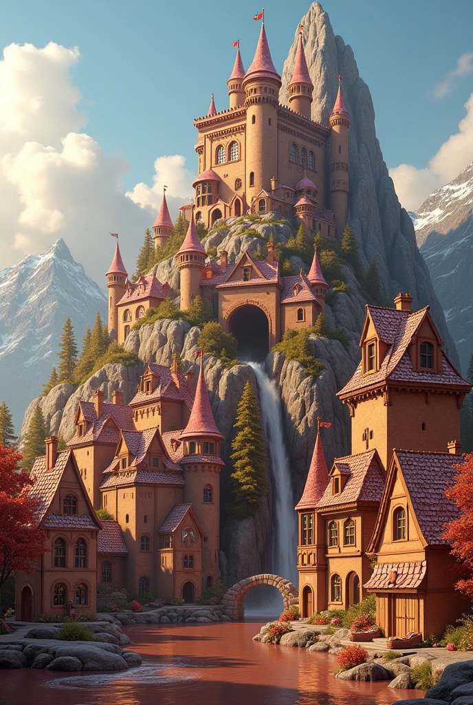 Fait une ville médiévale en pain d'epice au pied d'une montagne , sur la montagne , il y à un château décoré de donuts roses , avec une cascade de chocolat qui alimente un lac en chocolat .