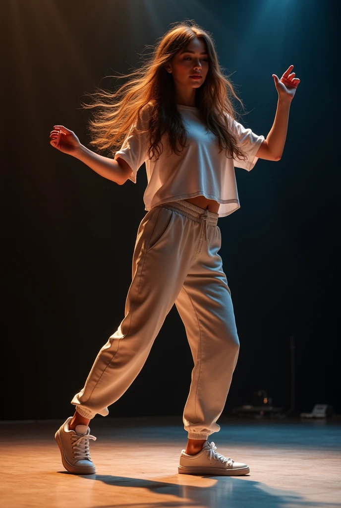 a woman wearing tshirt and sweat pant, long hair, giving dance audition, on stage