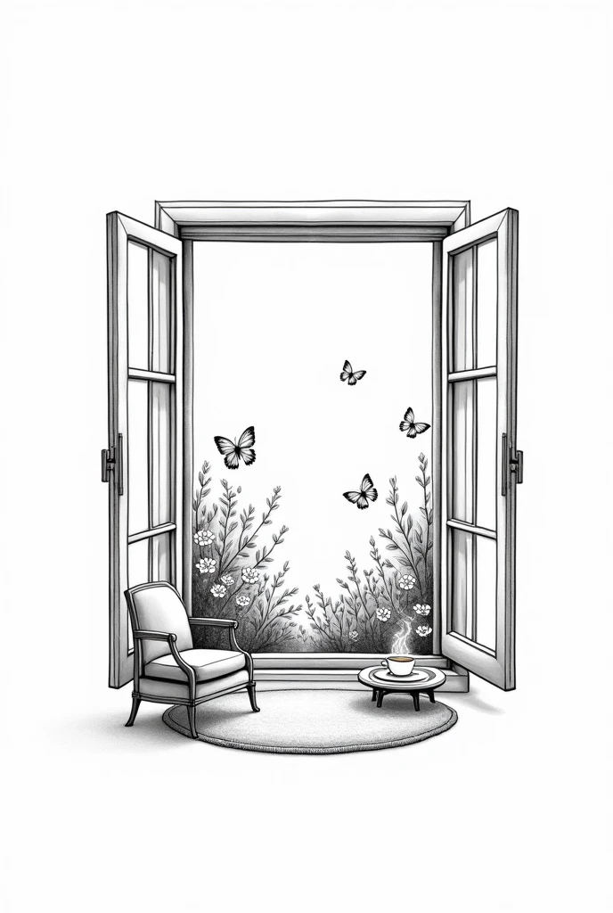 Create a very minimalist and delicate black and white illustration for a tattoo with fine lines of an open vintage window where outside you can see a flower garden with butterflies and inside there is a cozy room with an armchair, rug and side table supporting a hot coffee