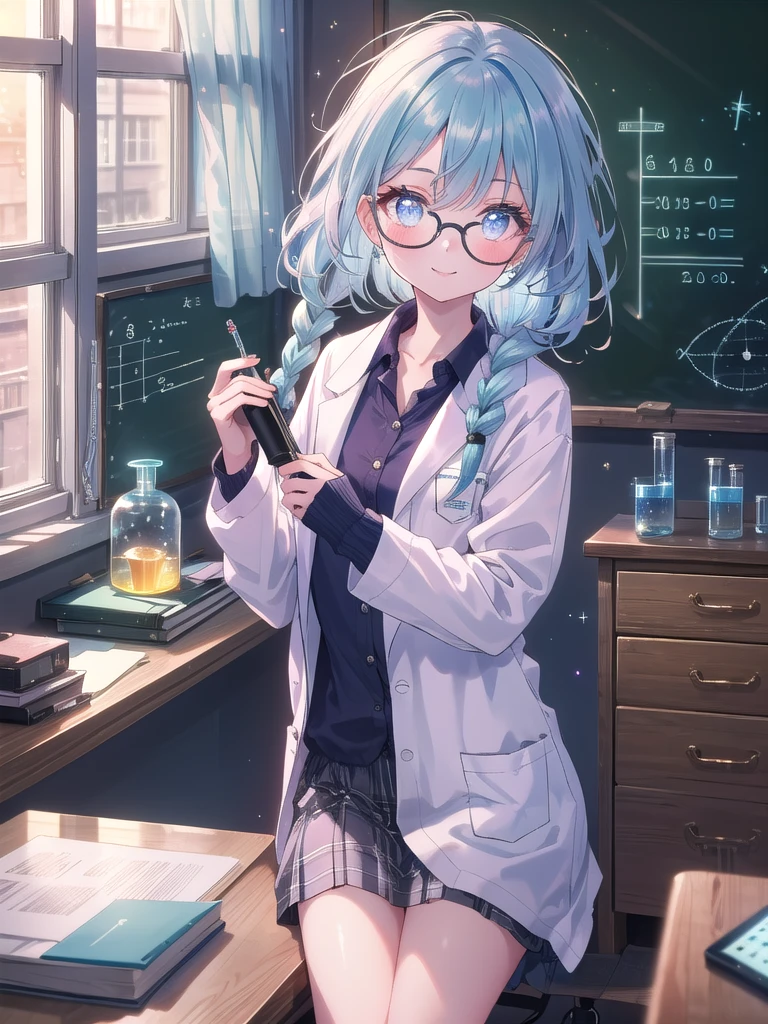 ((8k, Highest quality, masterpiece: 1.3)),Ultra-high resolution,(1 girl, alone), (Color changing eyes, Ultra-detailed, Expressive brilliance, Glitter, Glowing Eyes), Highly detailed eyes, Highly detailed face, Random Hair, ((pastel colour)),A playful young woman with pastel blue hair styled into a loose braid, sitting at her desk in her brightly lit bedroom during a sunny afternoon. She is dressed in a simple yet subtly sexy scientist cosplay, wearing a lab coat over a fitted shirt and a pair of glasses perched on her nose. The camera captures her from an overhead angle as she grins while examining a small test tube, her expression full of curiosity and joy. The room is bathed in natural light, with a few scientific instruments scattered on the desk, a small chalkboard with equations, and a lively, academic atmosphere.