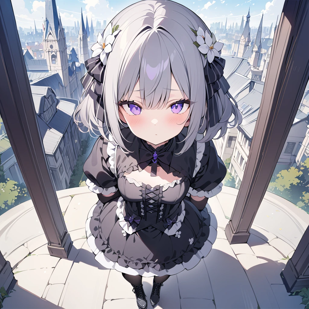 (((masterpiece))),(((best quality))),(((extremely detailed))), 1girl, solo, gothic lolita, lolita fashion, neutral face, looking at viewer, standing, view from above, contrapposto,full body, floating grey hair , purple eyes, white flower on the left of her head, BREAK black dress, frilled dress, black cross-laced footwear, black gloves, black pantyhose, lace-up boots, elbow gloves, puffy short sleeves BREAK gothic architecture, building, cloudy sky