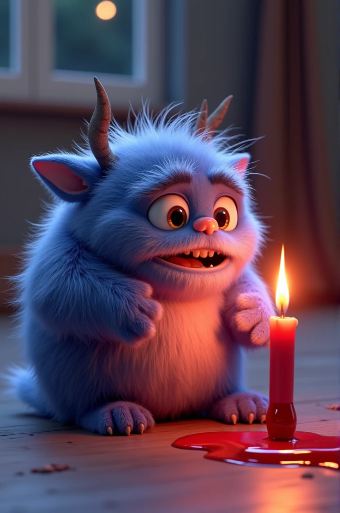 A human figure 3d. Animated scene features a close-up of a short fluffy monster kneeling beside a melting red candle. The art style is 3D and realistic, with a focus on lighting and texture. The mood of the painting is one of wonder and curiosity, as the monster gazes at the flame with wide eyes and open mouth. Its pose and expression convey a sense of innocence and playfulness, as if it is exploring the world around it for the first time. The use of warm colors and dramatic lighting further enh