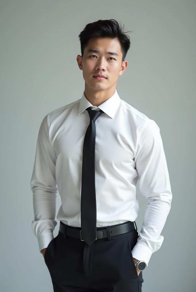 Korean gentleman man, a 25-year-old muscular man, wears a long-sleeved white shirt and tie, bodice, soft lighting, masterpiece, best quality, 8k ultra HD, DSLR camera, film grain, Midjourney and greg rutkowski's Fujifilm XT3 realistic painting art, light grey background