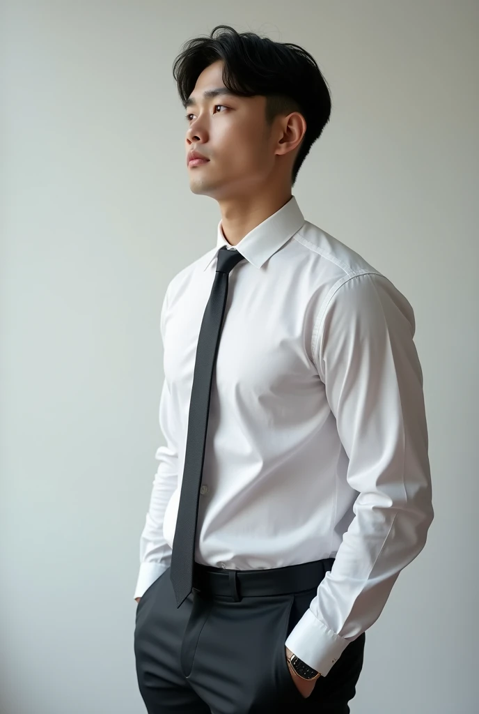 Korean gentleman man, a 25-year-old muscular man, wears a long-sleeved white shirt and tie, bodice, soft lighting, masterpiece, best quality, 8k ultra HD, DSLR camera, film grain, Midjourney and greg rutkowski's Fujifilm XT3 realistic painting art, light grey background