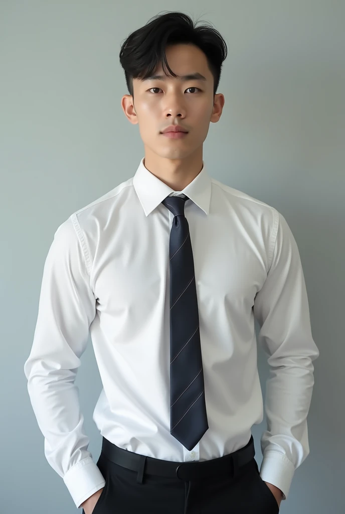 Korean gentleman man, a 25-year-old muscular man, wears a long-sleeved white shirt and tie, bodice, soft lighting, masterpiece, best quality, 8k ultra HD, DSLR camera, film grain, Midjourney and greg rutkowski's Fujifilm XT3 realistic painting art, light grey background