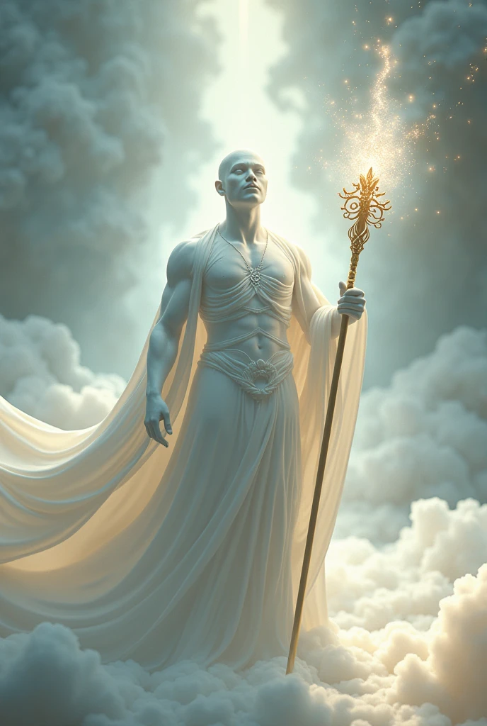 (highly realistic) (work of art) (4k image quality) (hyper detailed) (beautiful perfect face)(fot)(Approximate image)(肌肉男)(sensuous)
"Create an ethereal, luminous scene set in the fifth dimension, featuring a wise fractal being that radiates light. The being is wrapped in a fluid white cloak that covers its entire body, symbolizing purity and wisdom. In your hands, he holds a shining staff, symbol of ancient knowledge and power. The background is filled with soft, luminous fractal patterns that evoke a sense of harmony and enlightenment.. The atmosphere must be serene, with a warm and welcoming light that conveys a message of peace, spiritual ascension and elevation."