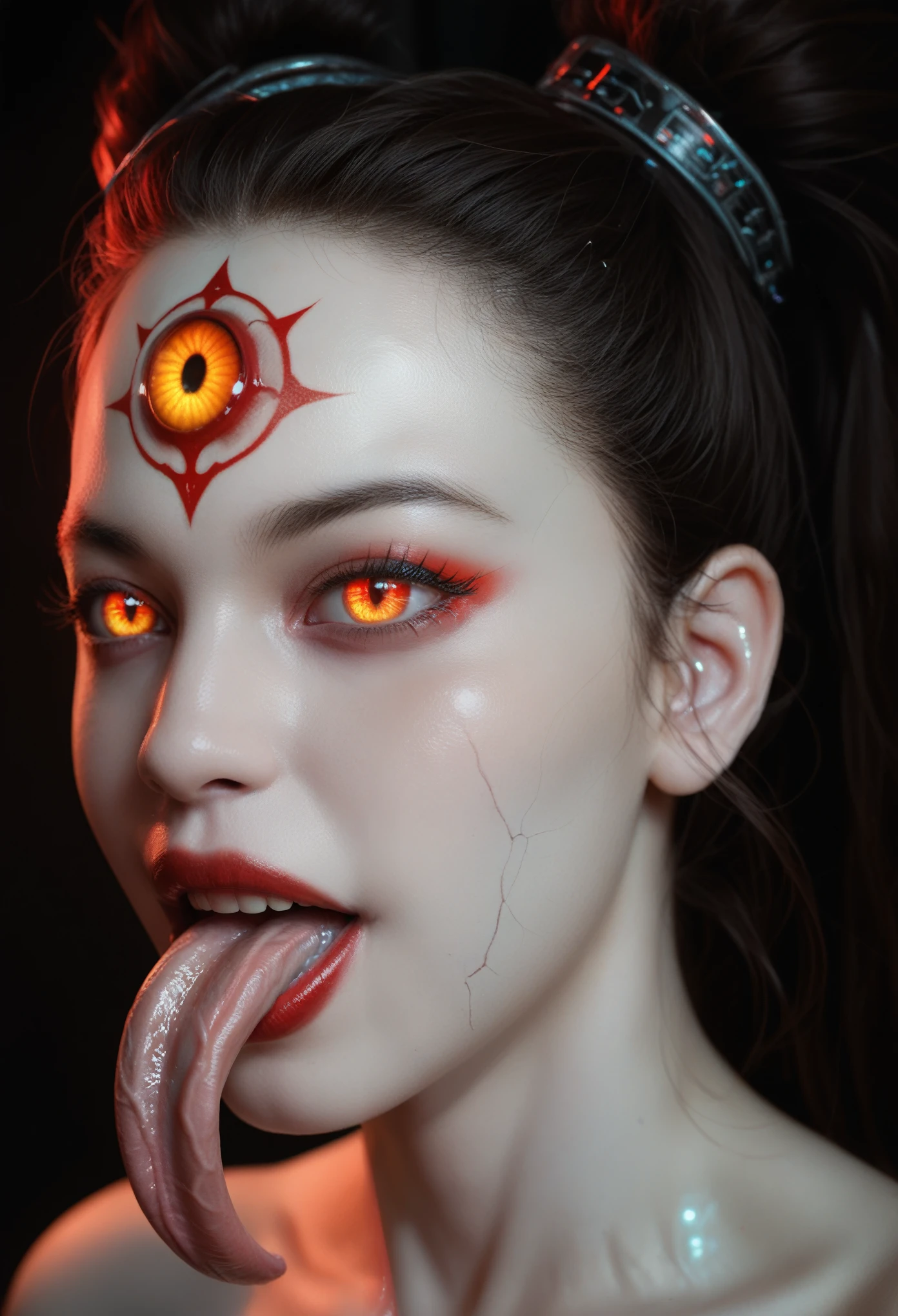 1 beautiful female demon, A scene from a science horror fiction movie, beautiful detailed eyes, (A third eye on the forehead:1.5), beautiful detailed red lips, extremely detailed face and eyes, long eyelashes, long tongue like a snake, intricate insect-like features, glowing compound eyes, scythe-like forelimbs, alien carapace, vibrant colors, futuristic sci-fi environment, neon lights, glowing energy field, complex technological architecture, dramatic lighting, cinematic atmosphere, award winning digital art, hyper realistic, 8k, high quality, masterpiece, Bioluminescence, Translucent skin, thespiritde, white skin, (veins protruding from the skin on her face:1.6), Pentagram, Satan's daughter, 