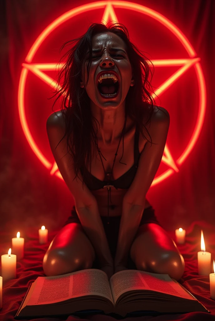 Portait of a sexy woman screaming in horror kneeling in a red pentagram surronded by candles. She is facing the viewer. There is an open book in front of her. Red light shines on her from above. Her hands are behind her back. Red lights reflects off her sweaty skin.