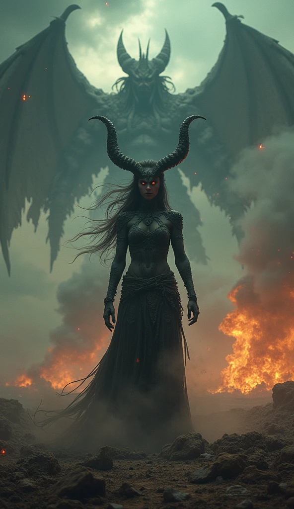 "A dramatic scene with Shurpanakha, a demonic figure with fierce eyes, standing against a dark, stormy sky. The background shows a vast ancient battlefield with traces of destruction, and Ravan's shadow looms large in the distance. The atmosphere is intense, with swirling winds and dark clouds, creating a sense of foreboding."