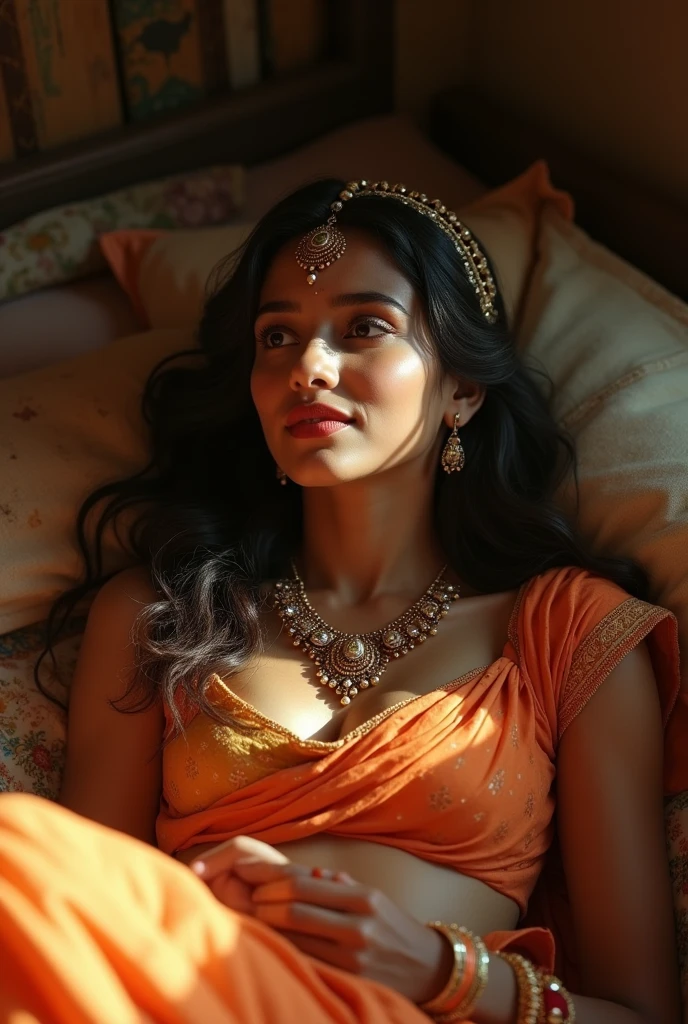 young Indian girl, 20 years old, gentle sunlight on the face, room atmosphere, old cloth about to be torn, village girl atmosphere, intricate facial details, full body image, wearing crown, necklace and jewels, cinematic pose with perfect skin complexion , Best 3D rendering, very realistic, taken in Indian bed room.reclining,trending photorealistic digital art on Artstation 8k HD high definition realistic detail, detailed, skin texture, very detailed, realistic skin texture, haunted, best quality, resolution ultra high, (photorealistic: 1.4),, high resolution, detailed, raw photos, 400 camera f1.6 lens rich colors hyper realistic lifelike textures dramatic lighting unrealengine trending on Artstation cinestill 800