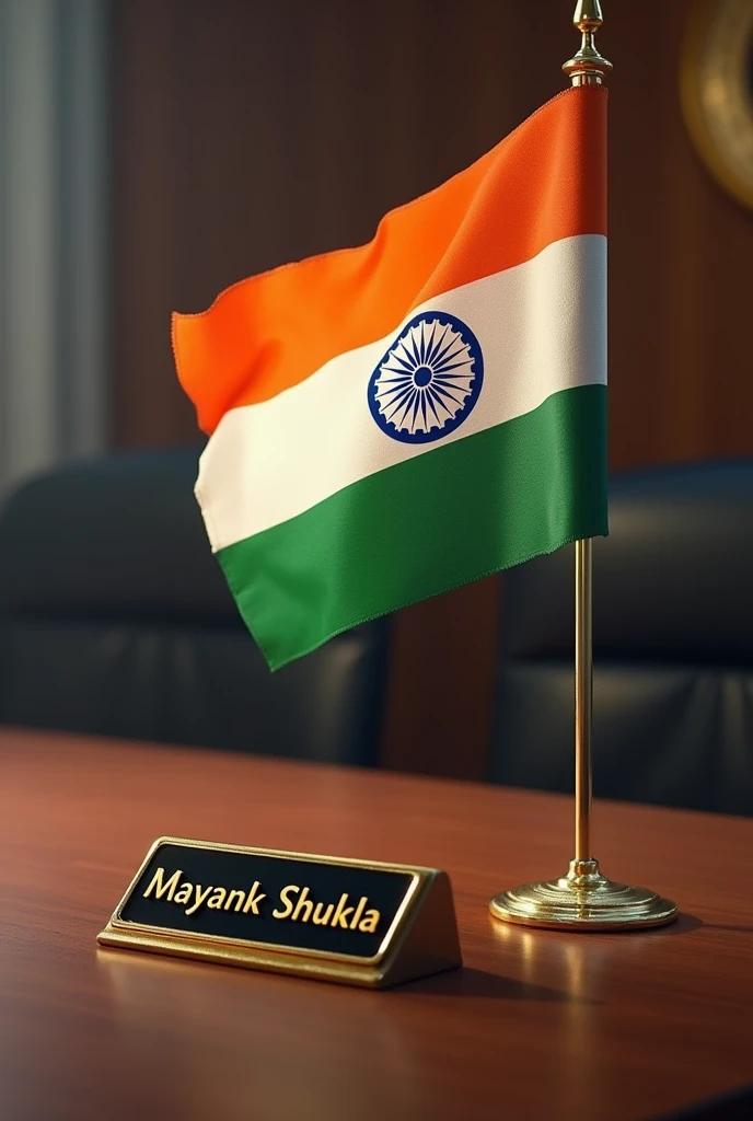 Indian flag on table with emblem in a government organisation realistic with blurred background having name plate written Mayank shukla in golden 