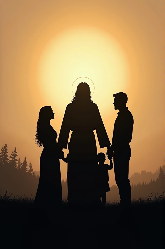 Family silhouette mom dad and children with jesus