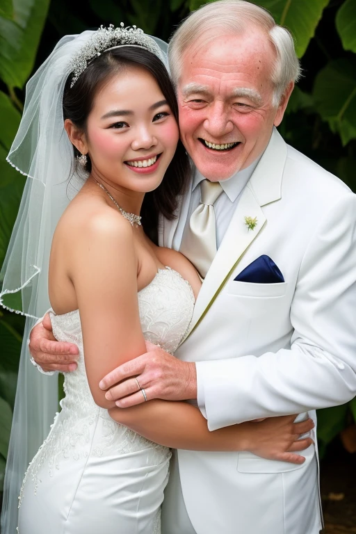 full body, wide shot, bride is 20 years old thai girl, groom is 70 years old white man, groom is grey hair, groom is very ugly and laughing insidiously, bride and groom posing for a photo in white wedding attire, (bride is blightly smile and Glamor body type and open mouth and tongue out), (thai girl is sexy and strikingly beautiful), smooth white tight clothes suit, ((awe and joy expression)), wedding photo, wearing a wedding dress, lovely couple, official, wearing a white tuxedo, official photos, getty images, (((((old white man hugging on thai girl's breasts))))),