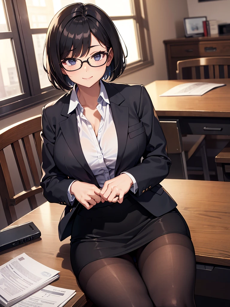 masterpiece, best quality, high definition images, atmospheric perspective, expressive eyes, perfect face, ultra detailed, solo, 1mature seductive woman while undressing, sitting on desk, alluring pose, sexy, black short bob hair, simple glasses, calm smile, shy, female teacher, business suit, jacket, blouse, pencil skirt, tight mini skirt, lifting skirt, spread legs, black panties, curvy, thighs, pantyhose, high heals, in study room,