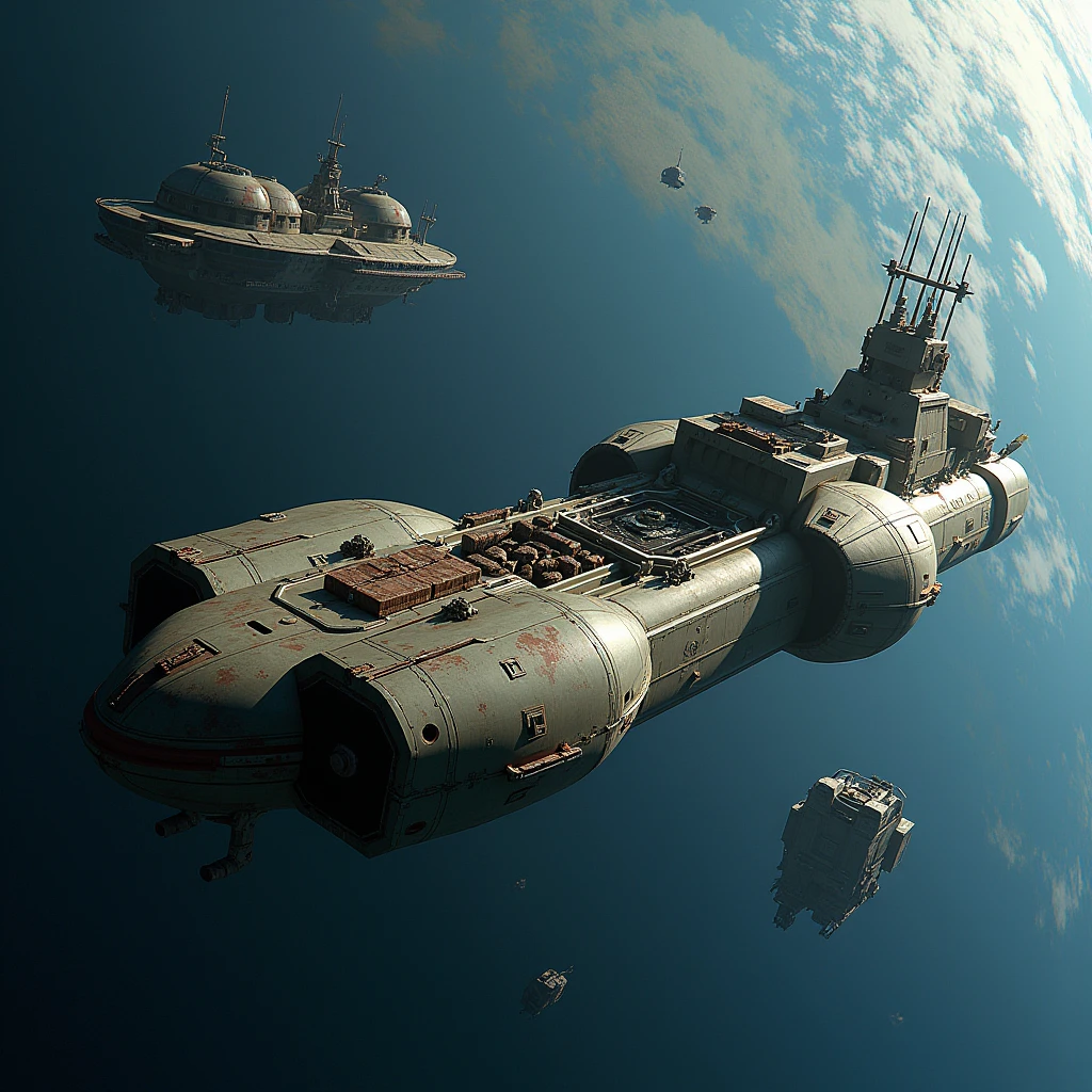 Supply ship, shuttle ship, space station, science fiction, low technology, earth, realistic, precision, masterpiece