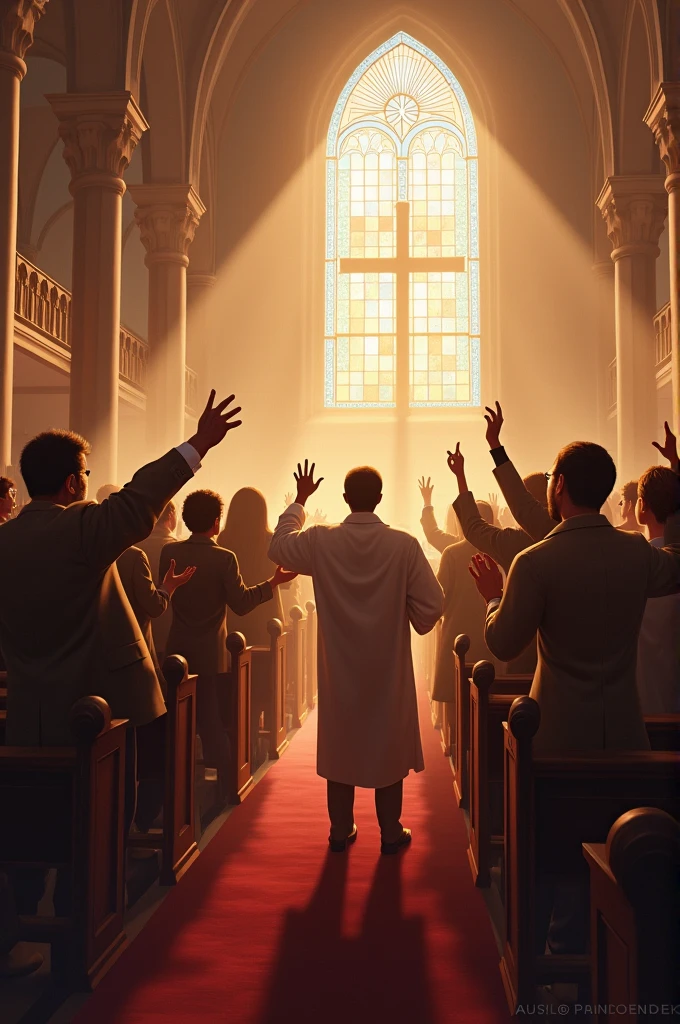 Generate me an image of people praising and worship God in a Christian worship service