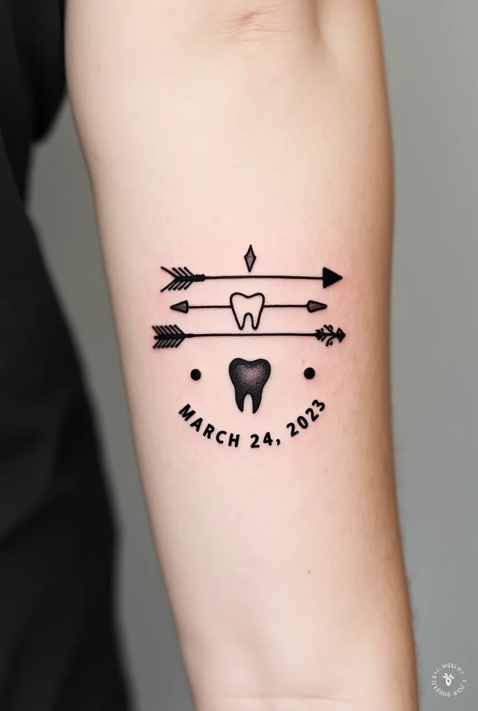 Minimalist tattoo with Nordic arrows, a tooth, Coffee seeds and the date of March 24, 2023