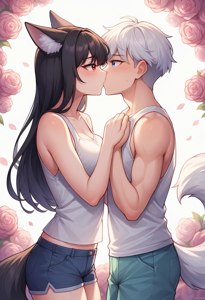 Create an enchanting anime-style illustration featuring two people sharing a tender kiss. The first is a guy with black hair with blue eyes, He got short round black raccon ears, He wears a white tank top and blue shorts, The second is a girl is shorter, with shoulder-length white hair, large red eyes, and fluffy white fox ears. She dons a similar kimono, featuring a predominantly white base with soft pink accents and a distinct floral design. Her obi is also deep pink, tied in a large bow, and she wears a pink flower accessory in her hair. As they kiss, their warm and cheerful expressions convey a deep sense of love and connection. They are surrounded by a soft, pastel background that enhances the overall gentle and heartwarming mood of the scene. The lighting around them is darker, creating a contrast that emphasizes the intimate moment and adds depth to the illustration. This deeper lighting effect adds a touch of mystery and magic to the atmosphere while still maintaining a serene vibe. capturing the enchanting essence of the characters.