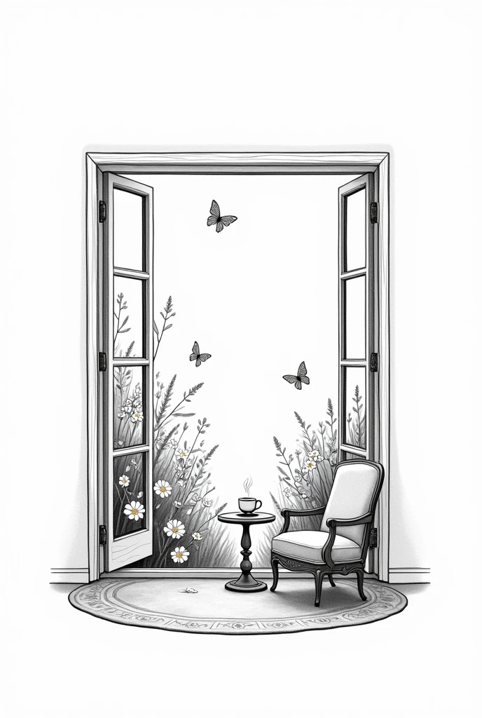 Create a very minimalist and delicate black and white illustration for a tattoo with fine lines of an open vintage window where outside you can see a flower garden with butterflies and inside there is a cozy room with an armchair, rug and side table supporting a hot coffee