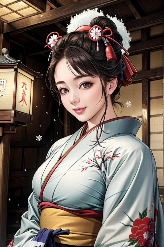 (Browsing Caution), (RAW Photos), (Realistic), (Photorealistic), Ultra-high resolution, masterpiece, Highest quality, Portraiture, facial Portraiture, Perfect lighting, Detailed lighting, Dramatic Shadows, Ray Tracing, Pure Eros Face_v1, Urzan-6500-v1.1, ((gentle smile)), ((upper body:1.2)), ((random sexy pose)), looking at viewer, ((wearing a kimono)), ((in old Japanese shinto)), ((background with snow:1.2)), ((blizzard:1.2)),
