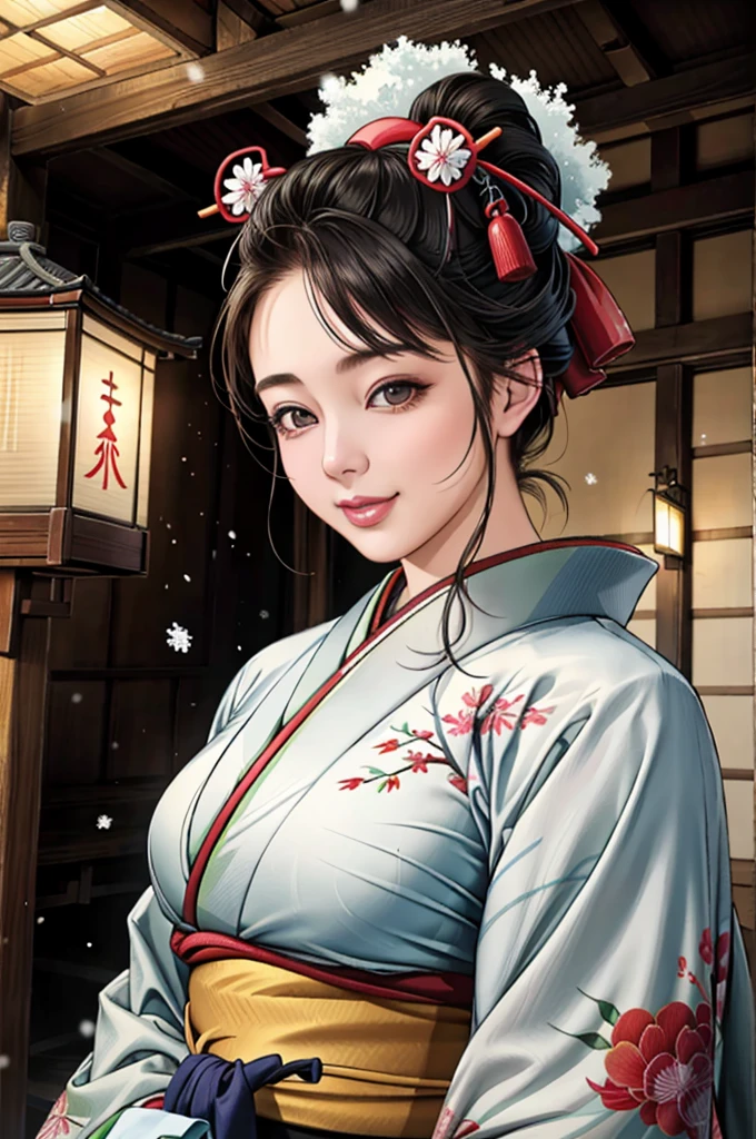 (Browsing Caution), (RAW Photos), (Realistic), (Photorealistic), Ultra-high resolution, masterpiece, Highest quality, Portraiture, facial Portraiture, Perfect lighting, Detailed lighting, Dramatic Shadows, Ray Tracing, Pure Eros Face_v1, Urzan-6500-v1.1, ((gentle smile)), ((upper body:1.2)), ((random sexy pose)), looking at viewer, ((wearing a kimono)), ((in old Japanese shinto)), ((background with snow:1.2)), ((blizzard:1.2)),