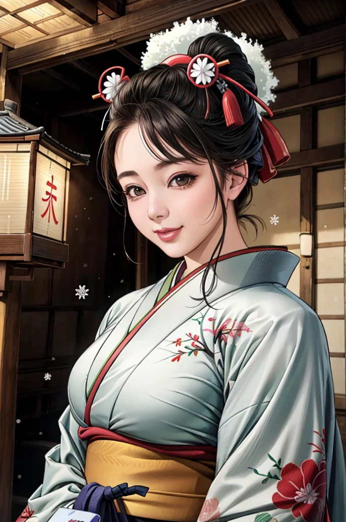 (Browsing Caution), (RAW Photos), (Realistic), (Photorealistic), Ultra-high resolution, masterpiece, Highest quality, Portraiture, facial Portraiture, Perfect lighting, Detailed lighting, Dramatic Shadows, Ray Tracing, Pure Eros Face_v1, Urzan-6500-v1.1, ((gentle smile)), ((upper body:1.2)), ((random sexy pose)), looking at viewer, ((wearing a kimono)), ((in old Japanese shinto)), ((background with snow:1.2)), ((blizzard:1.2)),