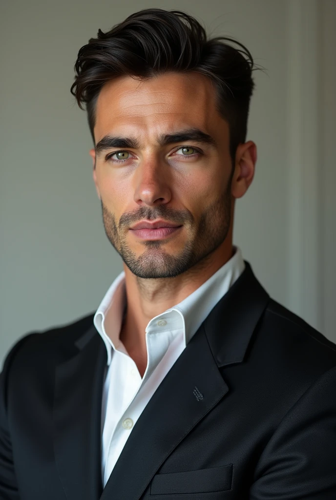 (photorealism:1.2), Boy 30 years old (- **face**: Attractive with defined features, typical of a European-type appearance, with a strong jaw and a marked facial structure.
- **eyes**: Deep blue or green in color, with a penetrating gaze.
- **hair**: short and dark, with a polished and well-groomed style.
- **Complexion**: Muscular and well toned, reflecting an athletic physique.
- **style**: Their clothing is usually sophisticated and elegant., often in well-fitting suits that underline their status and style.) 