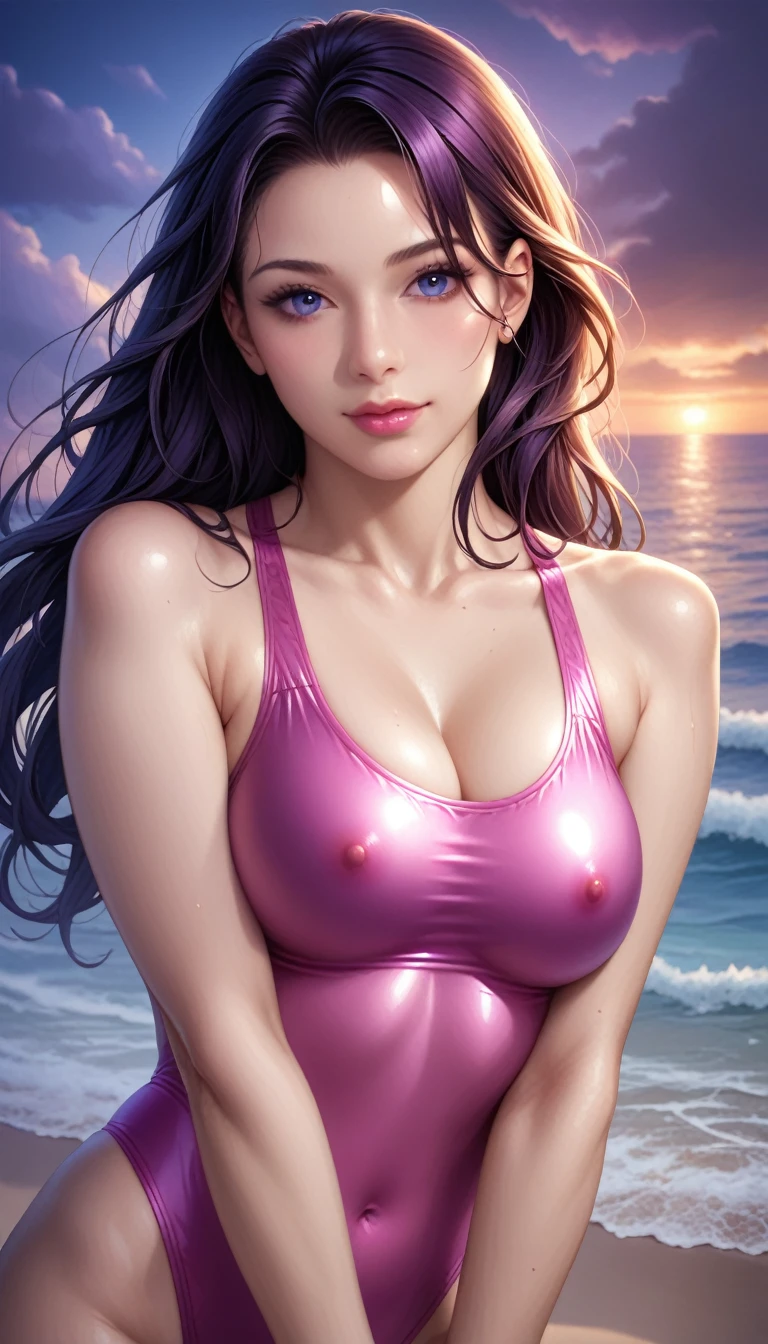 score_9, score_8_superior, score_7_superior, High-resolution CG illustration,A masterpiece in 32K resolution,Highest quality,it is really amazing,Very detailed,Ultra-high resolution,Ultra-realistic,Realistic,Increased depth of field,Cinematic lighting,
Elegant mature Japanese woman,
Straight long hair with black hair,Ultra-detailed and beautiful face,Calm and gentle look,Translucent white skin,Realistic skin texture,Great proportions,
High leg swimsuit,
Summery design,Chic color scheme,Beautiful and delicate decoration,Detailed fabric texture,
Dark skies before the storm,Dark clouds covering the dark sky,Thunderclouds rolling in,Coastline at night,Stormy seas,delay々A desolate sandy beach that continues,
Cinematic Angle,