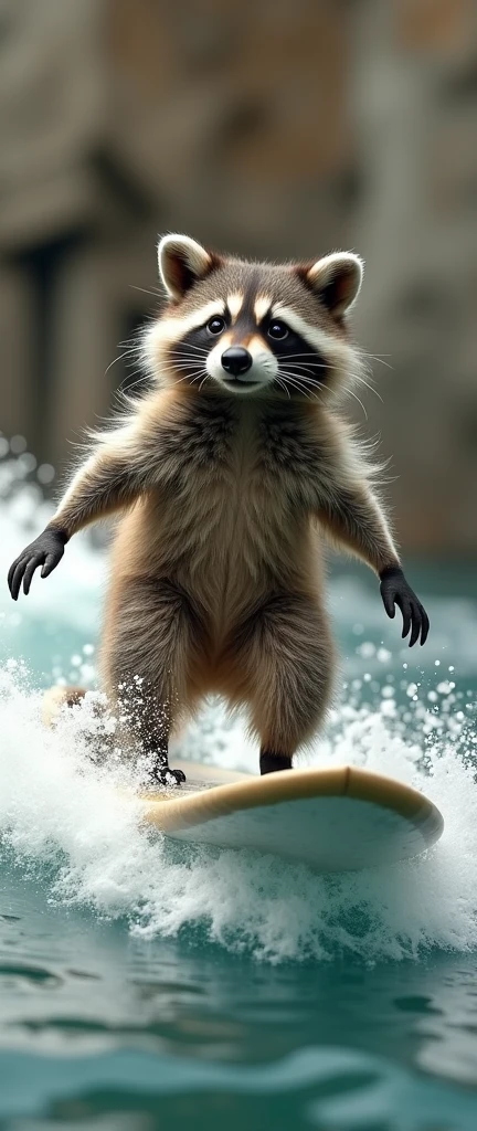 A mesmerizing, artistic portrayal of an ancient Greek statue with a modern twist. The marble masterpiece showcases a well-proportioned, cute, and extra fluffy baby raccoon expertly riding a marble wave on a stone surfboard. The water surrounding the raccoon also appears to be crafted from marble, featuring intricate details and shading that create a sense of motion. This cinematic, painterly, and portrait-style photograph encapsulates the essence of classical beauty merged with contemporary surf culture, resulting in a striking and unexpected contrast. The composition captures the viewer's imagination, transporting them to a world where ancient and modern coexist in perfect harmony, blending 3D rendering and conceptual art to create a truly unique product., product, photo, conceptual art, 3d render