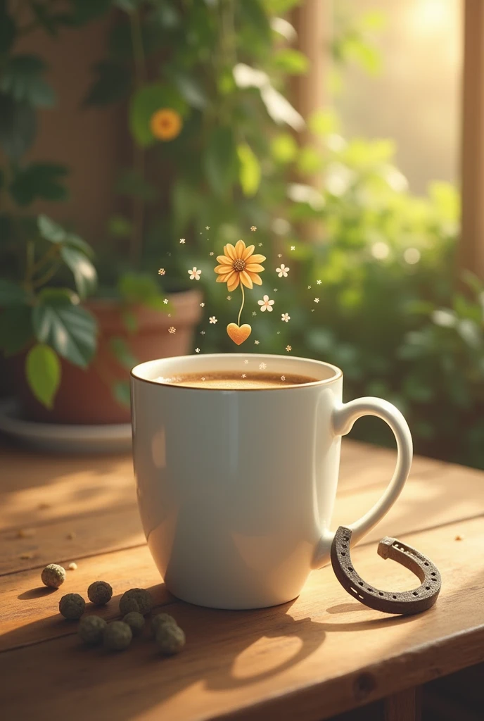 Coffee mug with a heart above a clover and a horseshoe