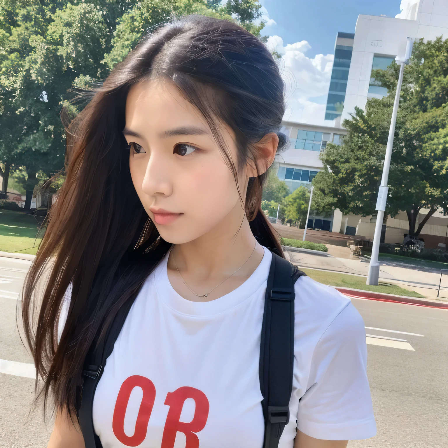 8k, Super detailed and realistic, Photography taken py Iphone 15 pro max, Miki, natural looking upper body shot, ponytail hairstyle, instagram photo, Looking sideway, wearing fitted t-shirt, highly detailed rough skin, breast 36 inch, university student at campus, diverse pose and facial expression