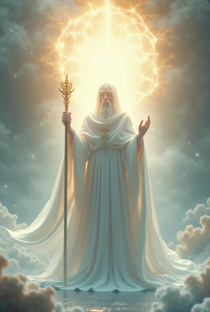 (highly realistic) (work of art) (4k image quality) (hyper detailed) (beautiful perfect face)(fot)(Approximate image)(肌肉男)(sensuous)
"Create an ethereal, luminous scene set in the fifth dimension, featuring a wise fractal being that radiates light. The being is wrapped in a fluid white cloak that covers its entire body, symbolizing purity and wisdom. In your hands, he holds a shining staff, symbol of ancient knowledge and power. The background is filled with soft, luminous fractal patterns that evoke a sense of harmony and enlightenment.. The atmosphere must be serene, with a warm and welcoming light that conveys a message of peace, spiritual ascension and elevation."