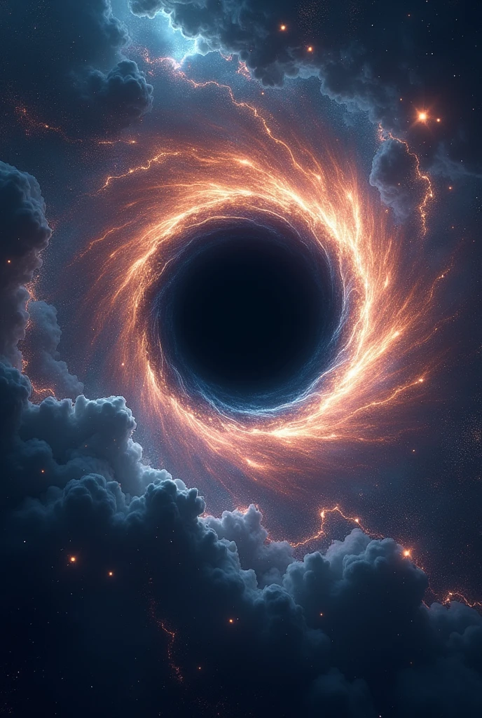 "In the depths of space, a mesmerizing black hole swirls with an otherworldly energy, surrounded by luminous tendrils of light being drawn into its core. The event horizon glows with iridescent hues, as stardust and cosmic particles spiral inward, creating a beautiful vortex of colors. Nearby, distant galaxies and stars twinkle, their light subtly distorted by the gravitational pull, adding a sense of mystery and wonder to the scene. The black hole appears as both a force of nature and a breathtaking cosmic phenomenon, evoking awe and fascination."