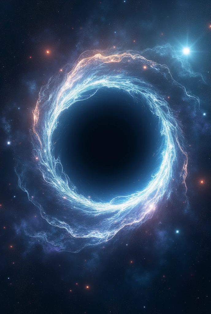 "In the depths of space, a mesmerizing black hole swirls with an otherworldly energy, surrounded by luminous tendrils of light being drawn into its core. The event horizon glows with iridescent hues, as stardust and cosmic particles spiral inward, creating a beautiful vortex of colors. Nearby, distant galaxies and stars twinkle, their light subtly distorted by the gravitational pull, adding a sense of mystery and wonder to the scene. The black hole appears as both a force of nature and a breathtaking cosmic phenomenon, evoking awe and fascination."
