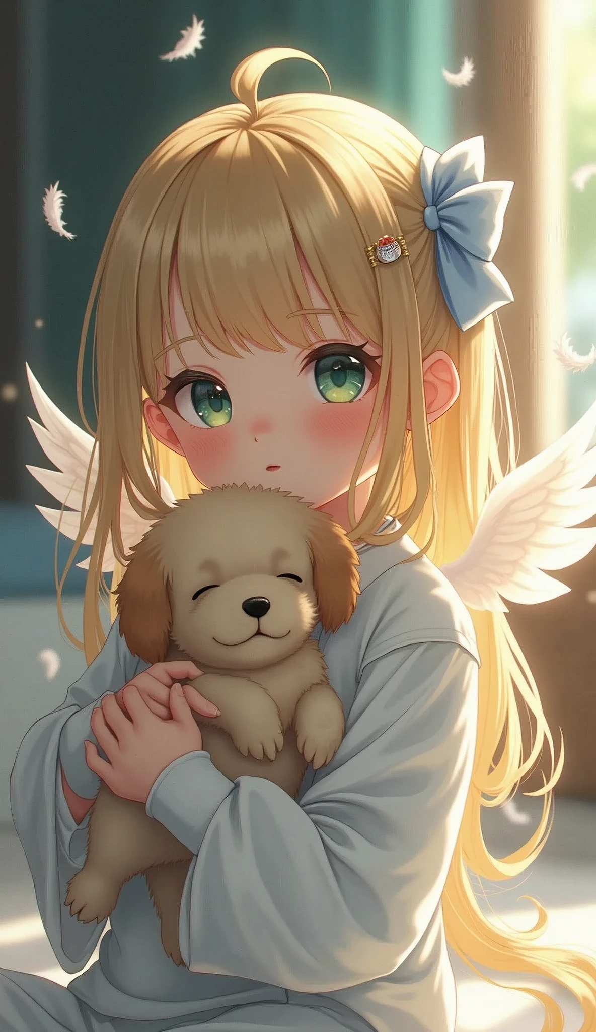 (8k, RAW photo, best quality, masterpiece, highres, absurdres, ultra detailed:1.3), (Photography, realistic, photo-realistic:1.4), (beautiful natural lighting, beautiful deatailed shadow, beautiful detailed glow :1.4), atmospheric,
BREAK, 1 beautiful girl, girl, (cute:1.5),(chibi:0.5),(cute:2.0),(Loli:2.0),( girl),(big breasts:1.65),(chin hair,blonde,blue bow,green eyes,Eyebrows visible through the hair,side lock,long hair with bangs parted, hair flower, hair ornaments, big ribbon in hair, curly hair, ponytail:1.6),:he, white feathers, one thin white wing, Ang he wings, spread,(blushed,:d:1.45) , BREAK
(pajamas, night, bedroom,: 1.35),
BREAK (holding a cute sleeping dog:1.45),
BREAK wakame,wakame,wakame,(cowboy shot,from front :1.4) BREAK manga illustration.media,manga style,(ultra rich intricately proper sketch+pastel+airbrush+colored pencil:1.1),(ultra highres composition details:1.2), (delicate illustration), (pastelcolor style illustration:0.9), (watercolor style illustration:0.4),