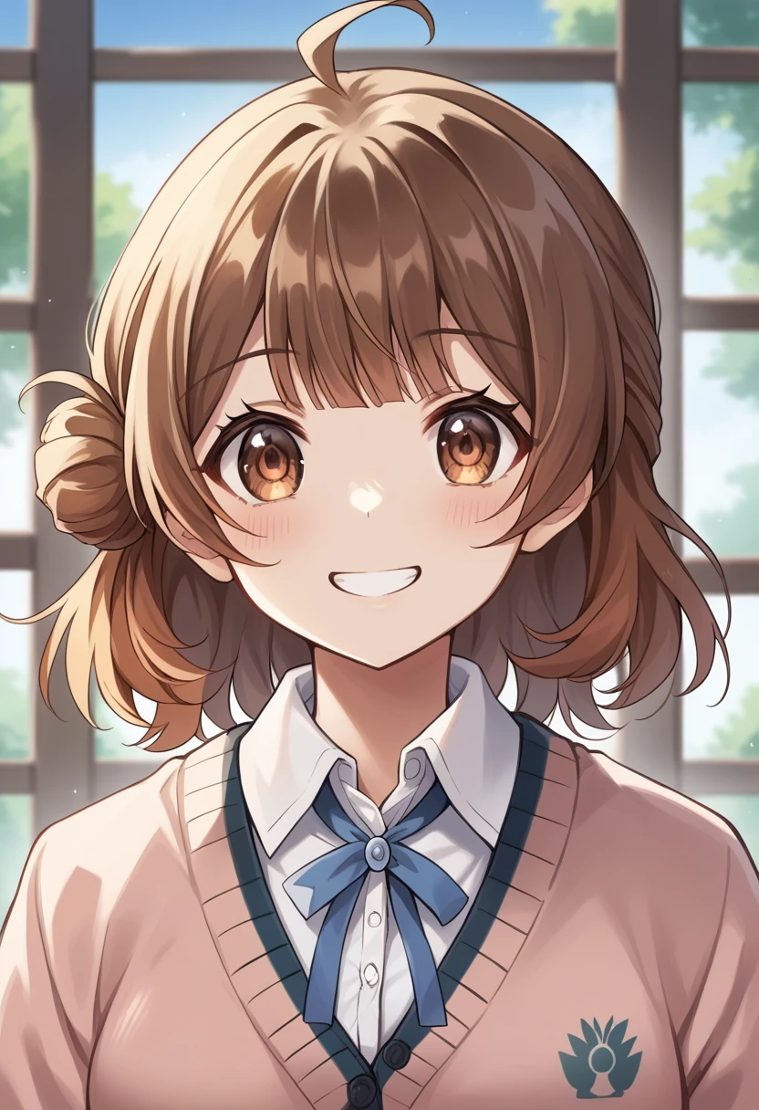 score_9, score_8_superior, score_7_superior, score_6_superior, score_5_superior, score_4_superior, Break Source_anime,
masterpiece, Highest quality, Super detailed, Perfect Face, Detailed face,
ume-default, Hanami Ume, Brown eyes, smile,Brown Hair,Medium Hair, Hair Bun,Ahoge,school uniform, cardigan,Dress shirt,go ahead,