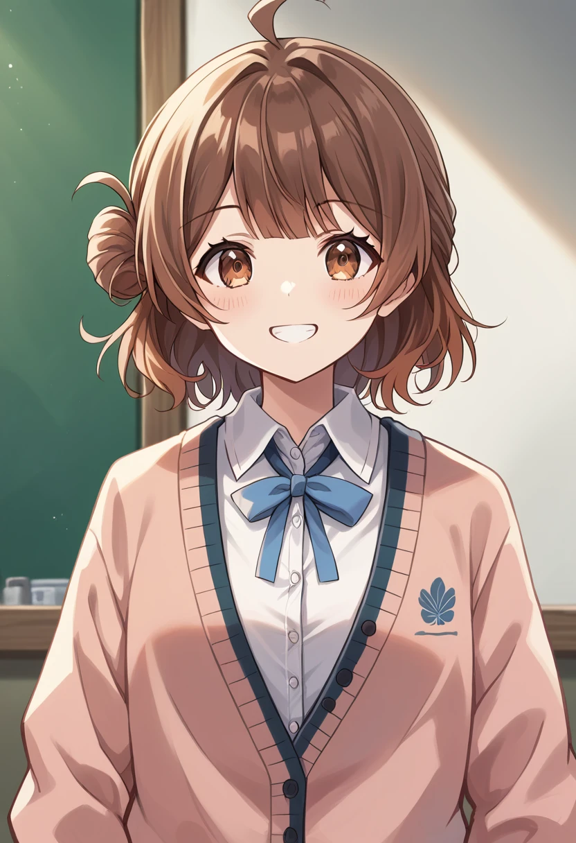 score_9, score_8_superior, score_7_superior, score_6_superior, score_5_superior, score_4_superior, Break Source_anime,
masterpiece, Highest quality, Super detailed, Perfect Face, Detailed face,
ume-default, Hanami Ume, Brown eyes, smile,Brown Hair,Medium Hair, Hair Bun,Ahoge,school uniform, cardigan,Dress shirt,go ahead,