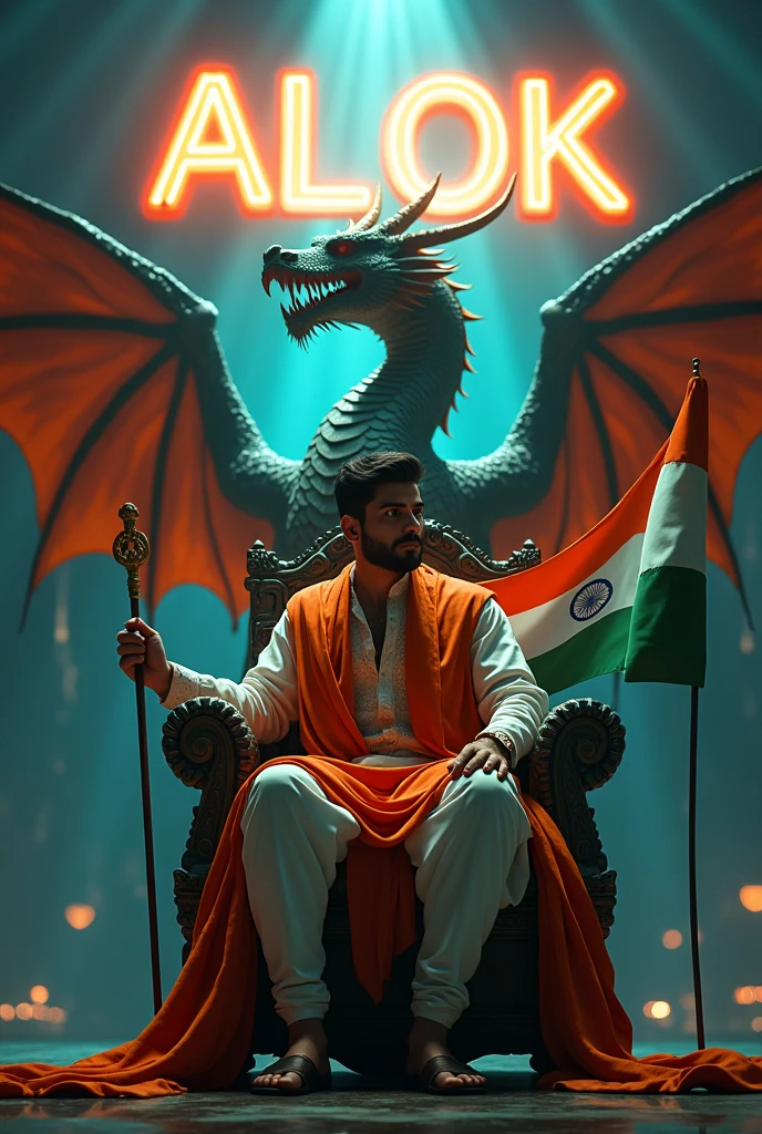Prompt “Illustration A 18 year old young boy wearing a tricolour Kurta Pajama, sits on a King of Beasts throne with an Indian flag in hand. A ferocious dragon is next to him, and he has Indian tricolor wings. ‘Alok‘ is written in large orange neon lights on a dark gray wall in the background. Create a 3D illusion profile picture in 4K.”